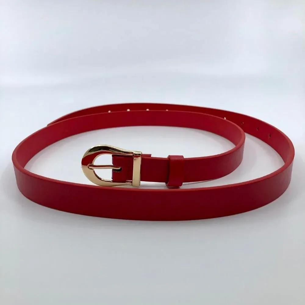 Women's Red Faux Leather Belt w/ Gold Buckle, Fits 34